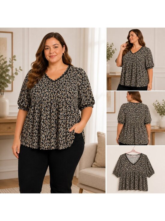 Skye's the Limit Tops - Skyes The Limit Black Floral Short Sleeve Babydoll Blouse SZ 3X Forest Fairy